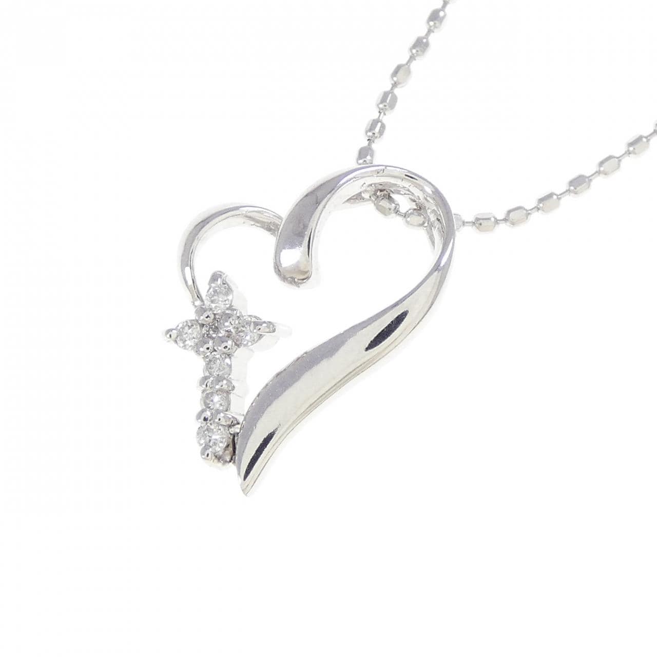 K10WG ハート×クロス ダイヤモンド ネックレス 0.04CT