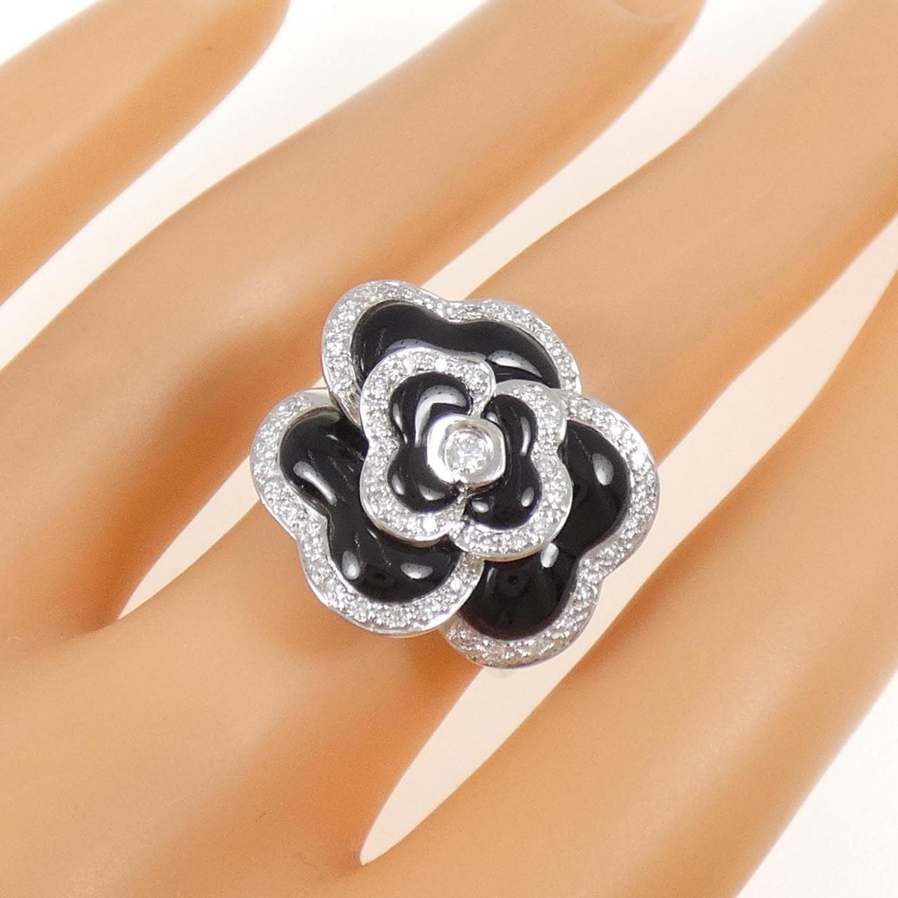 K18WG 花缟黑玛瑙戒指