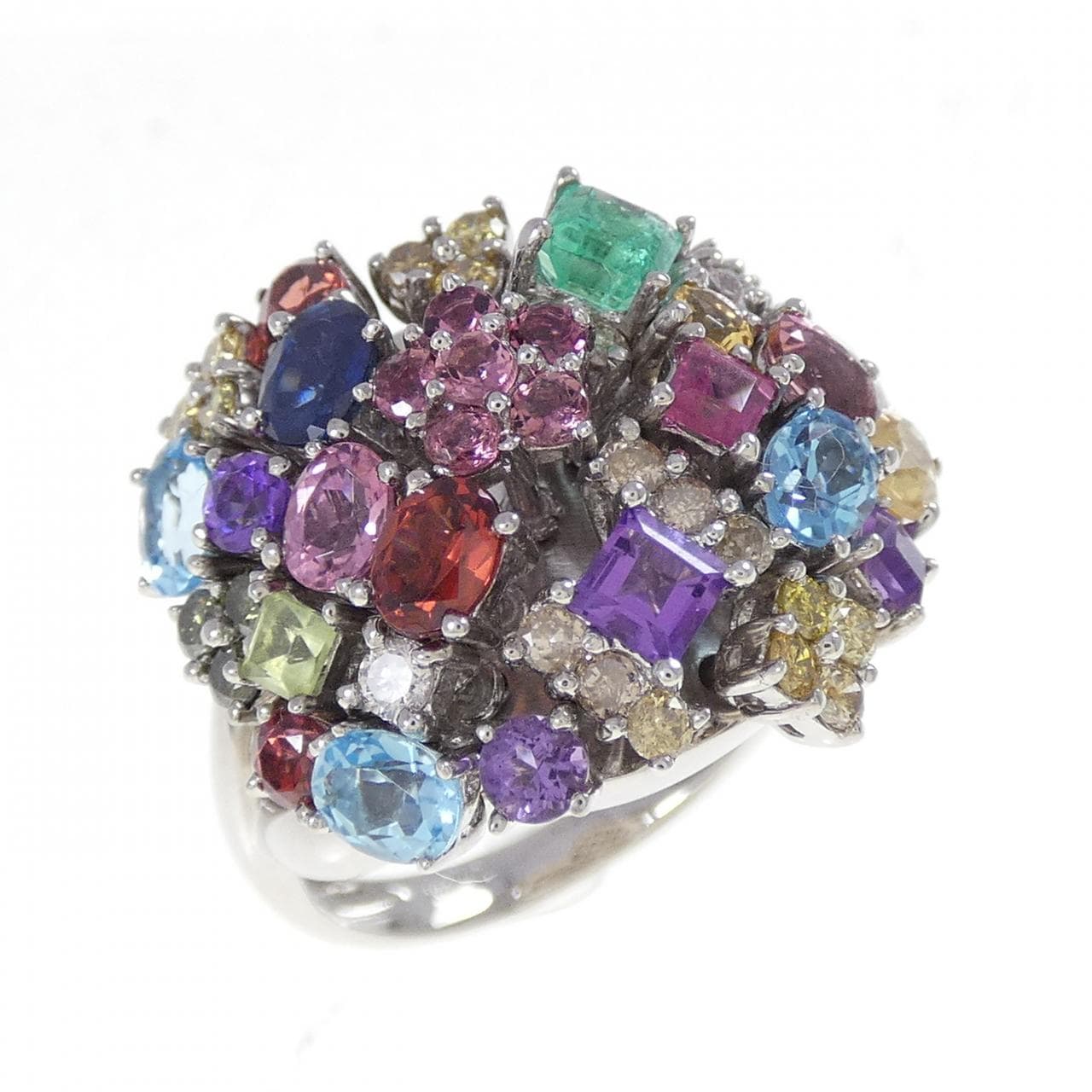 K18WG フラワー カラーストーン リング