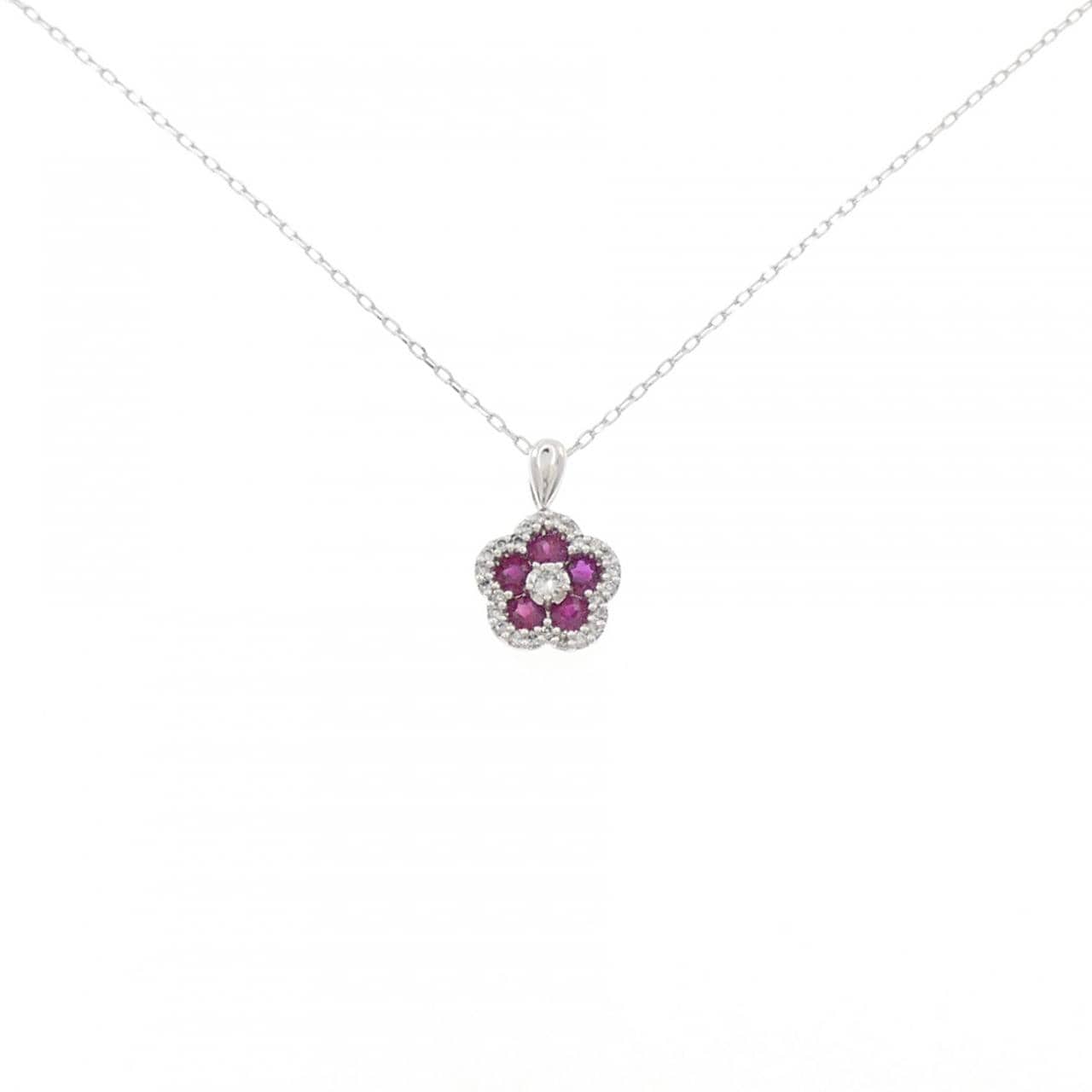 K18WG フラワー ルビー ネックレス 0.46CT