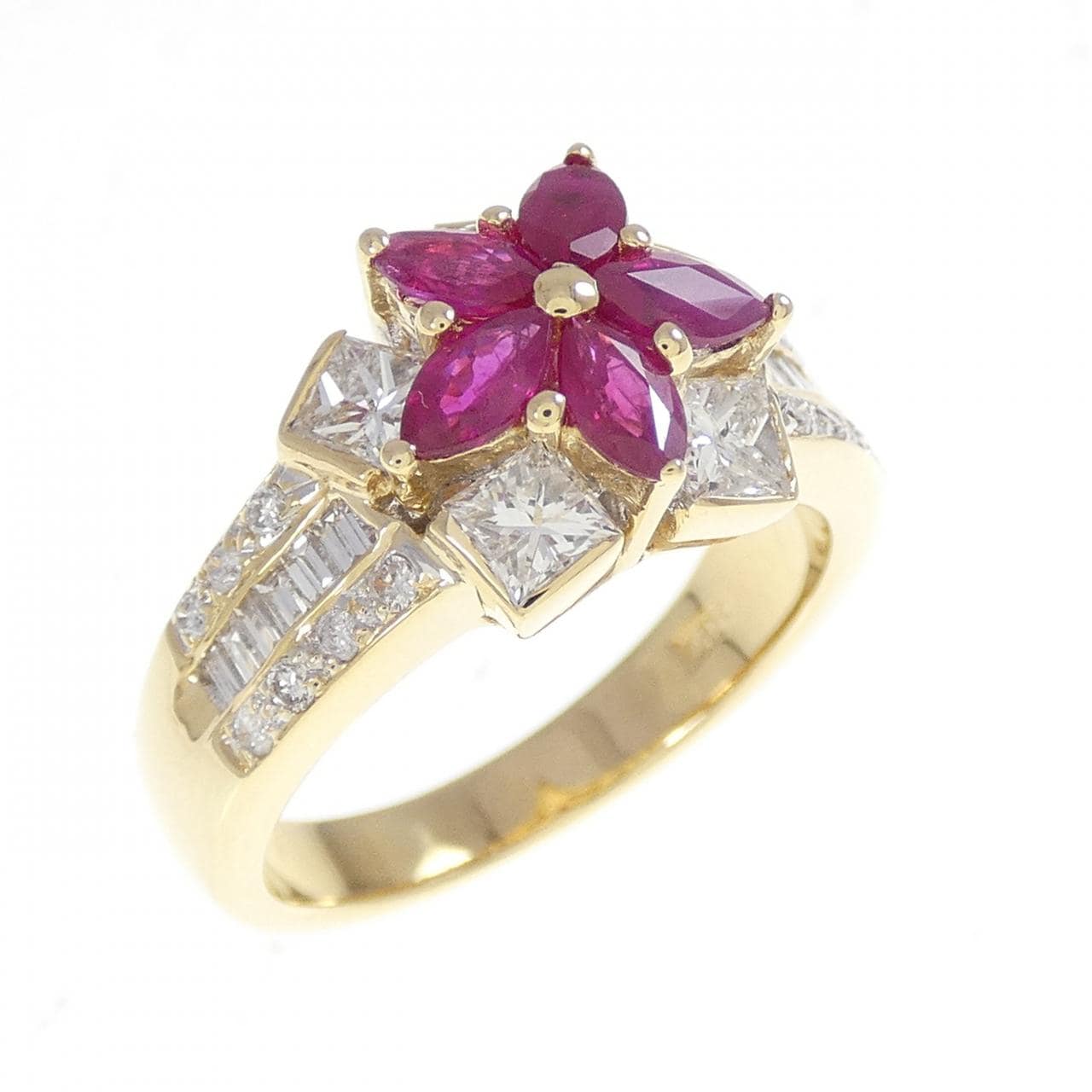 K18YG フラワー ルビー リング 0.87CT