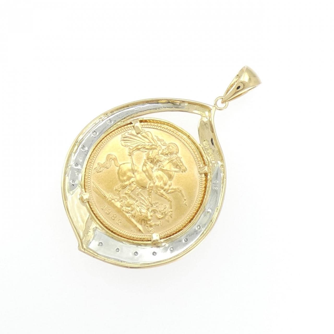 K18YG/PT900(枠) ダイヤモンド コイン ペンダント 0.12CT