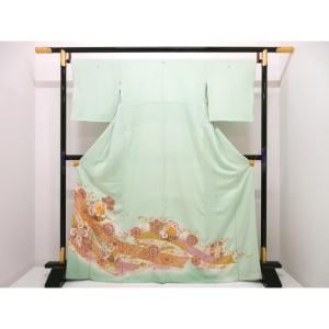色留袖　友禅金彩加工　刺繍入り　丸に三ツ柏