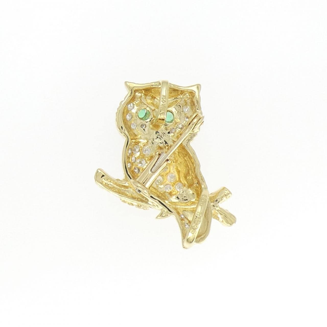 K18YG/K18WG フクロウ エメラルド ブローチ 0.05CT