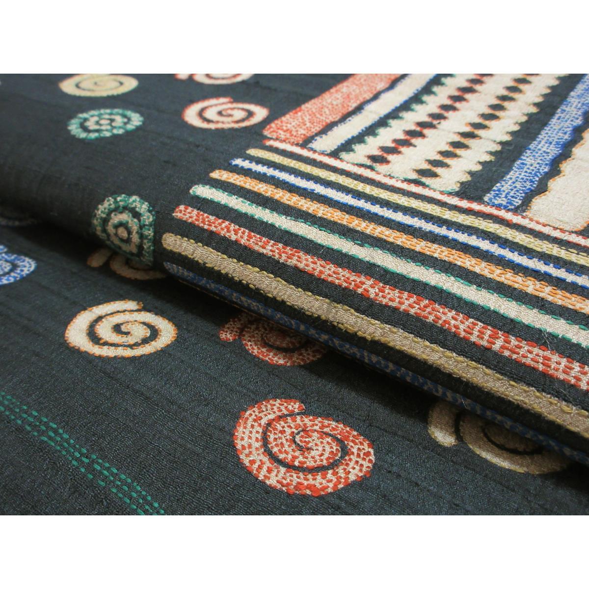 名古屋帯　野蚕糸　染紬　刺繍入り