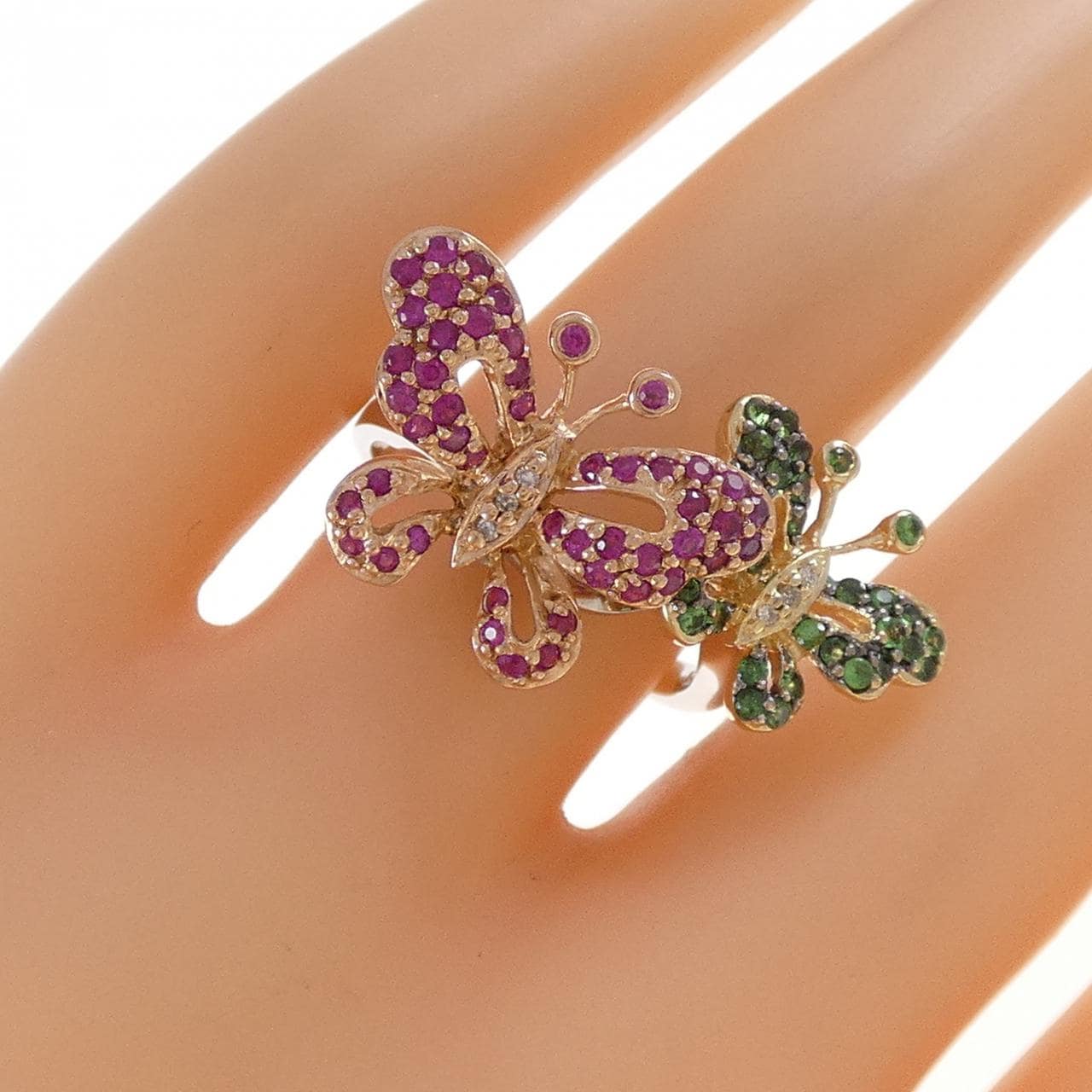 K18フォーカラー バタフライ カラーストーン リング