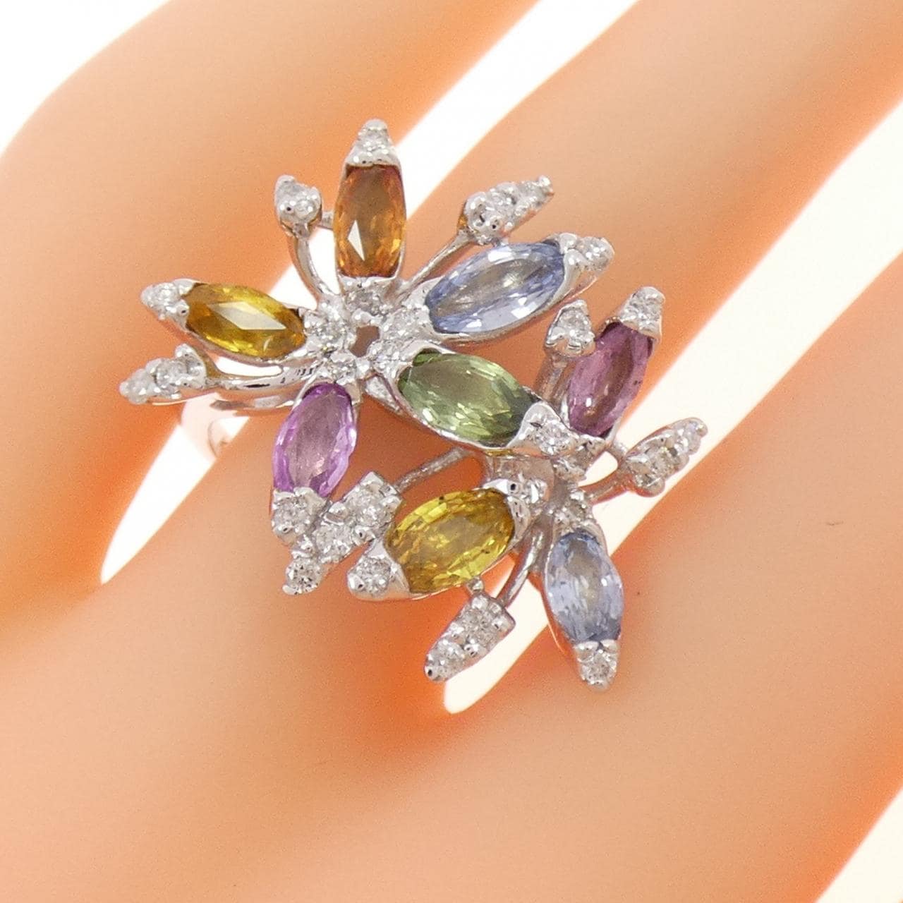 K14WG フラワー サファイヤ リング 2.77CT