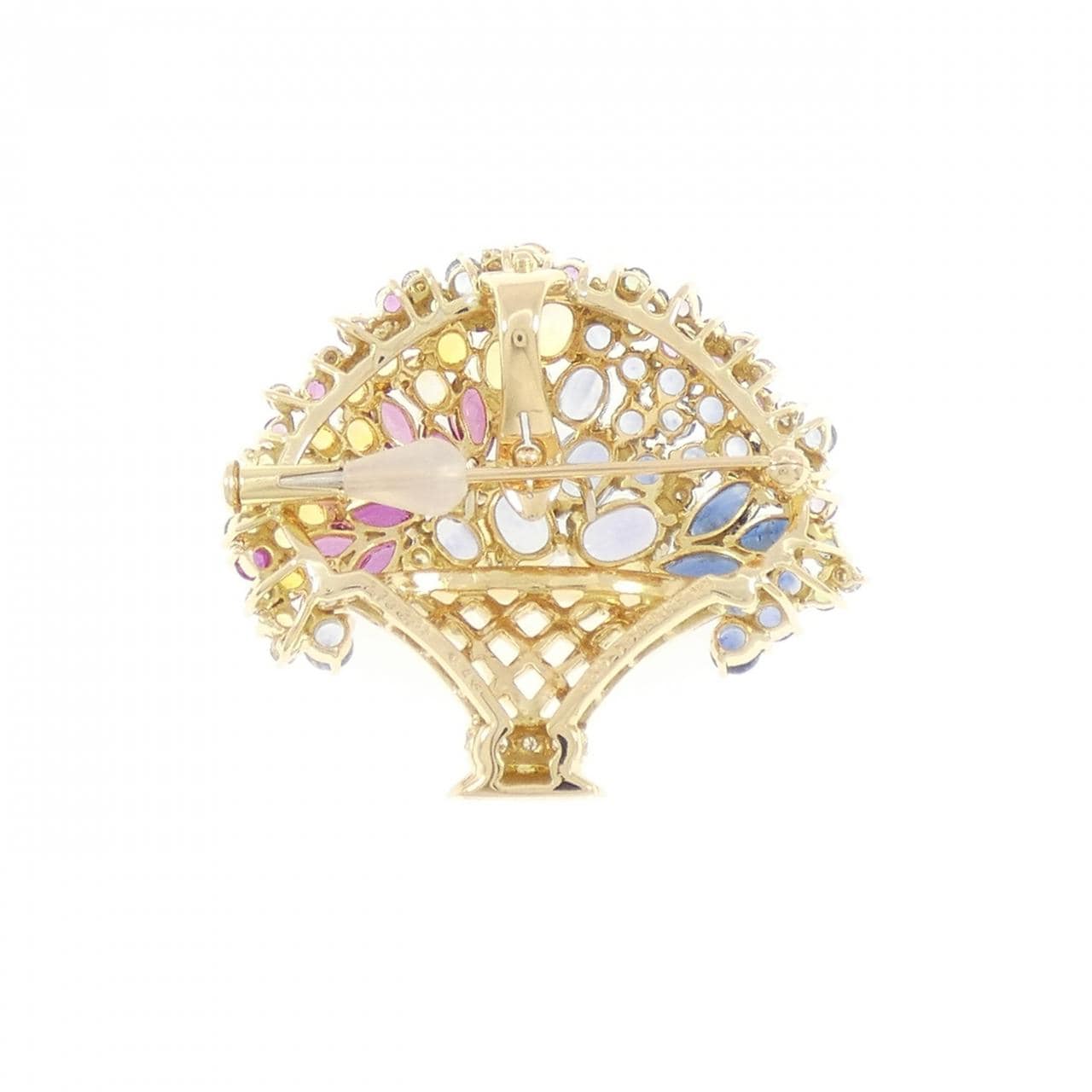 18KYG フラワー カラーストーン ブローチ