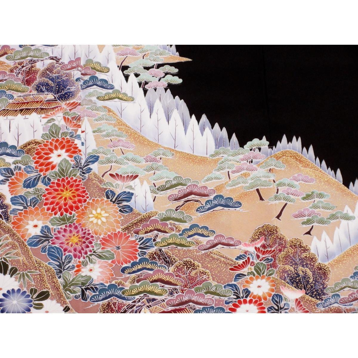 留袖 友禅金彩加工 刺繍入り 三ツ柏
