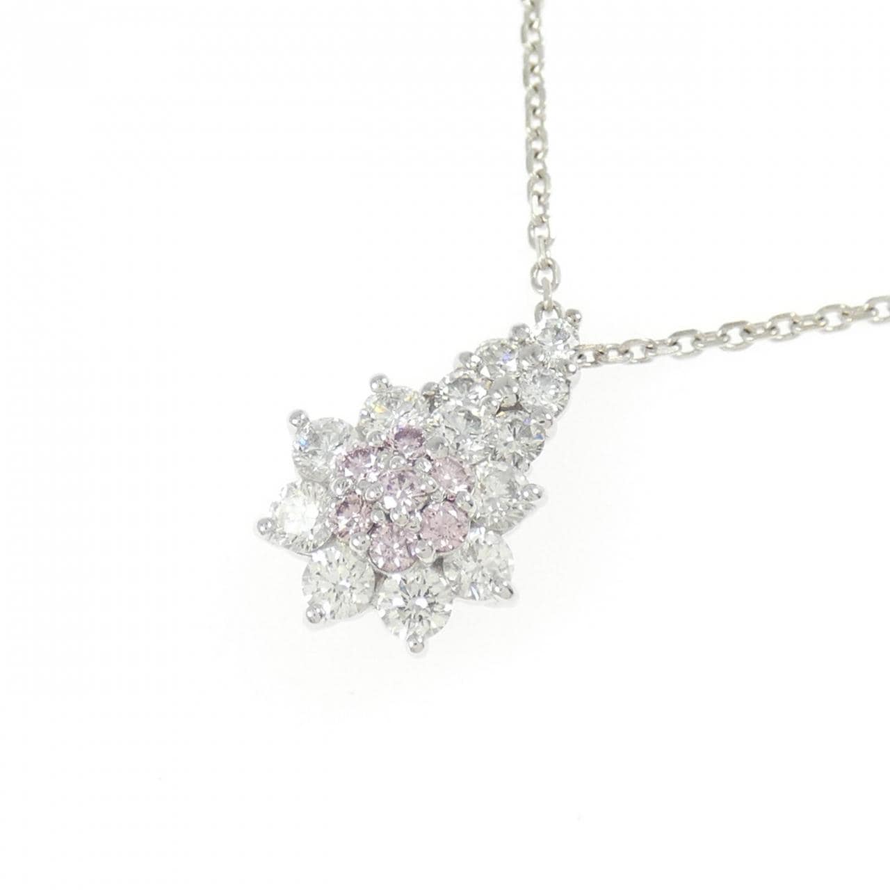 K18WG フラワー ピンクダイヤモンド ネックレス 0.12CT