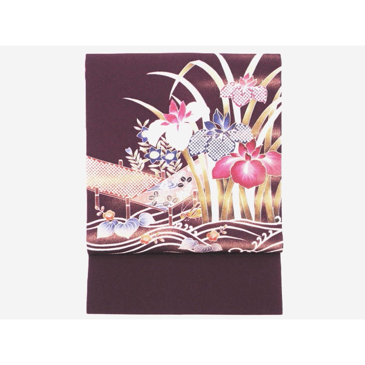 名古屋帯　ちりめん染帯　友禅金彩加工　刺繍入り