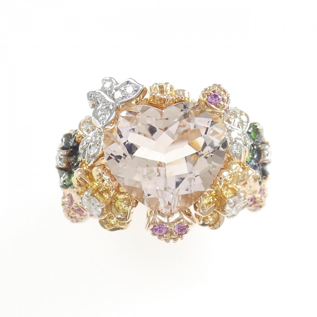 750フォーカラー ハート×フラワー×バタフライ ベリル リング 3.97CT