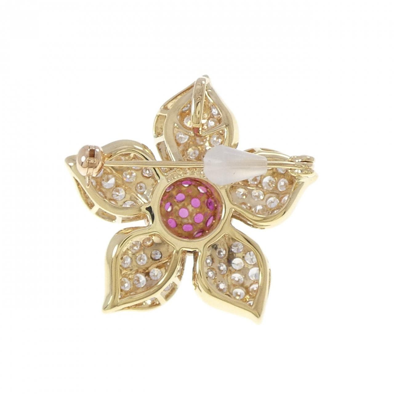 K18YG フラワー ルビー ブローチ 3.25CT
