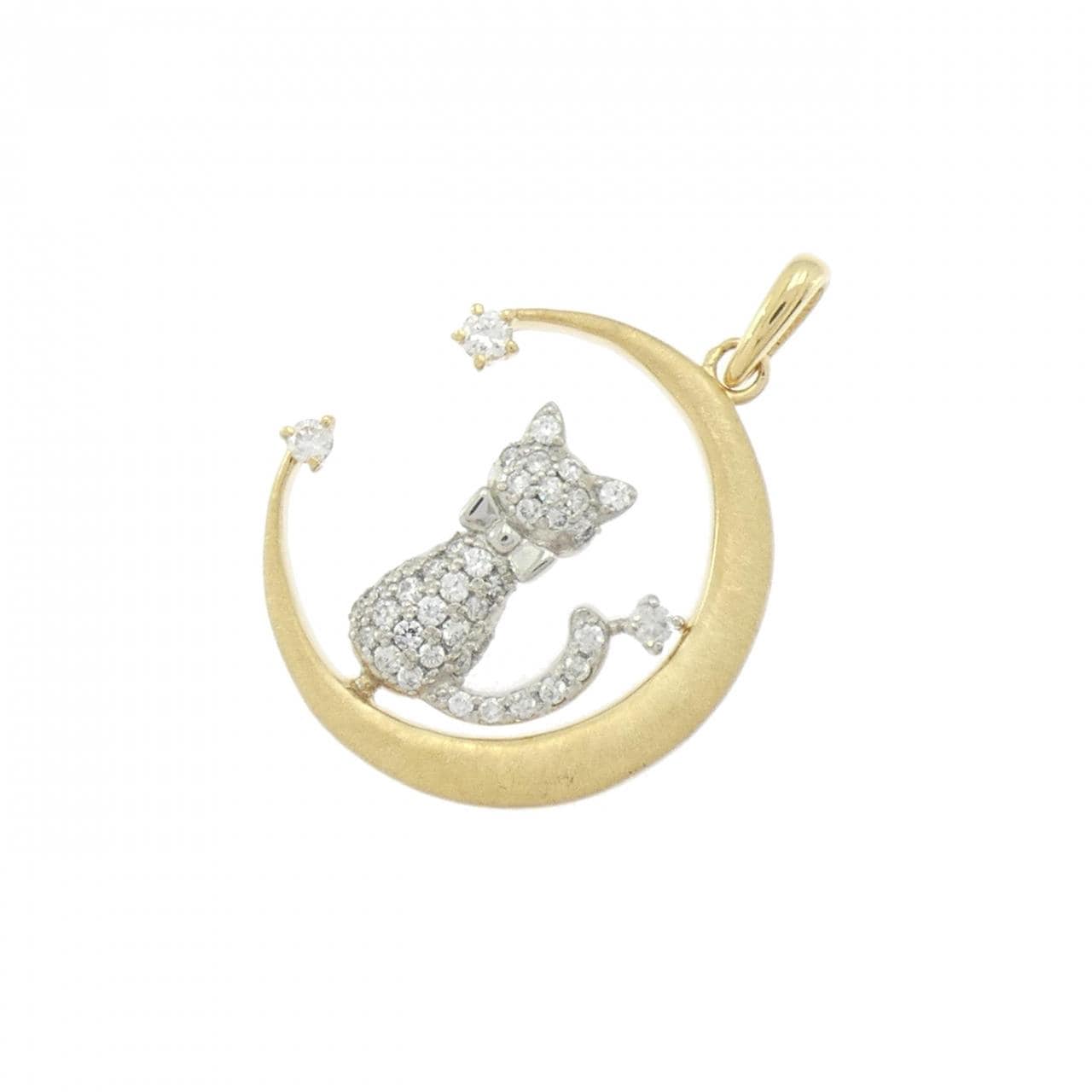 K18YG/PT950 猫 x 月亮钻石吊坠 0.21CT