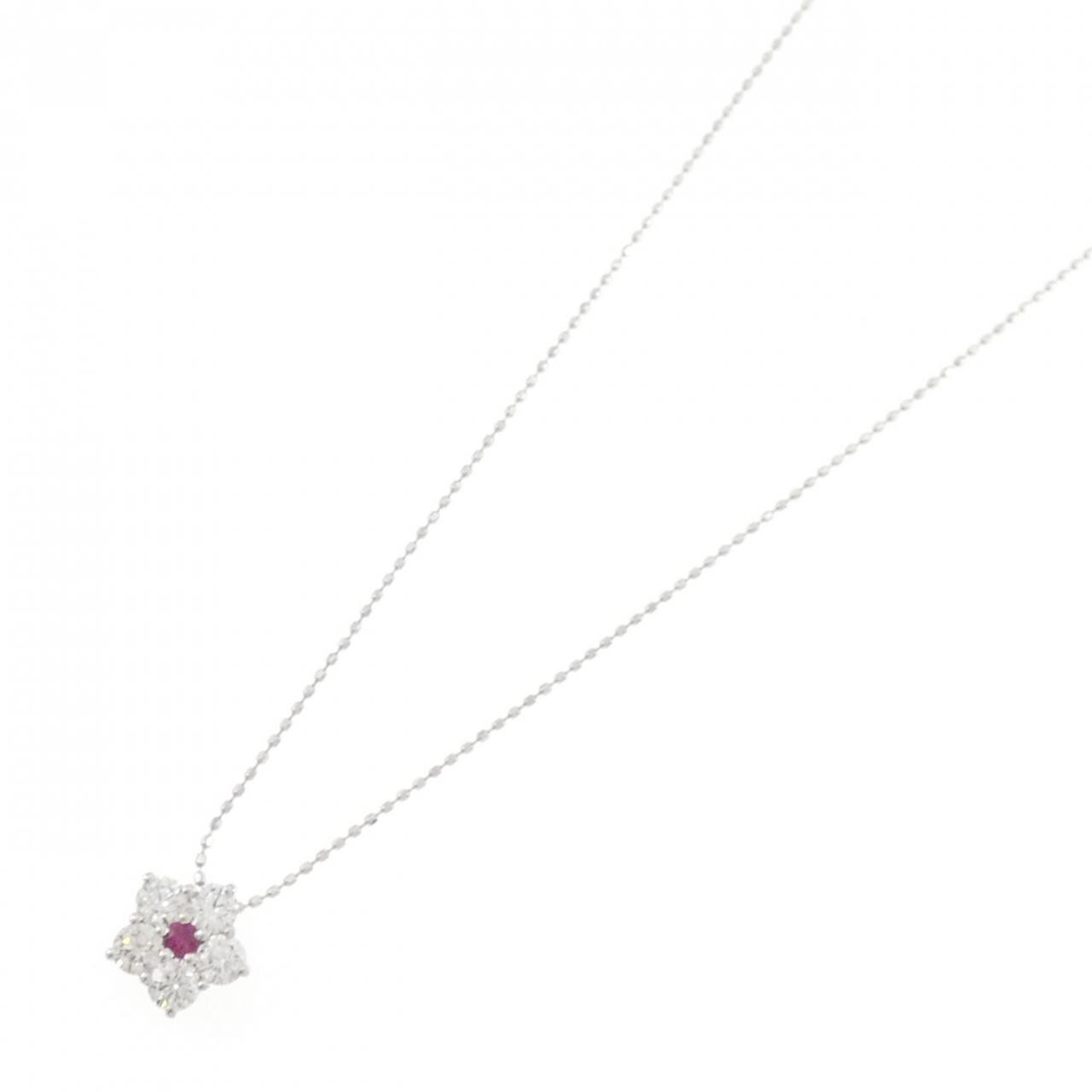 K18WG フラワー ルビー ネックレス 0.06CT