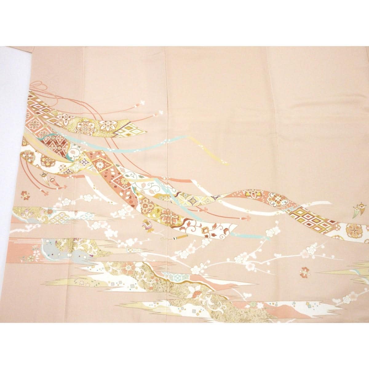 色留袖　友禅金彩加工　刺繍入り　丸に木瓜