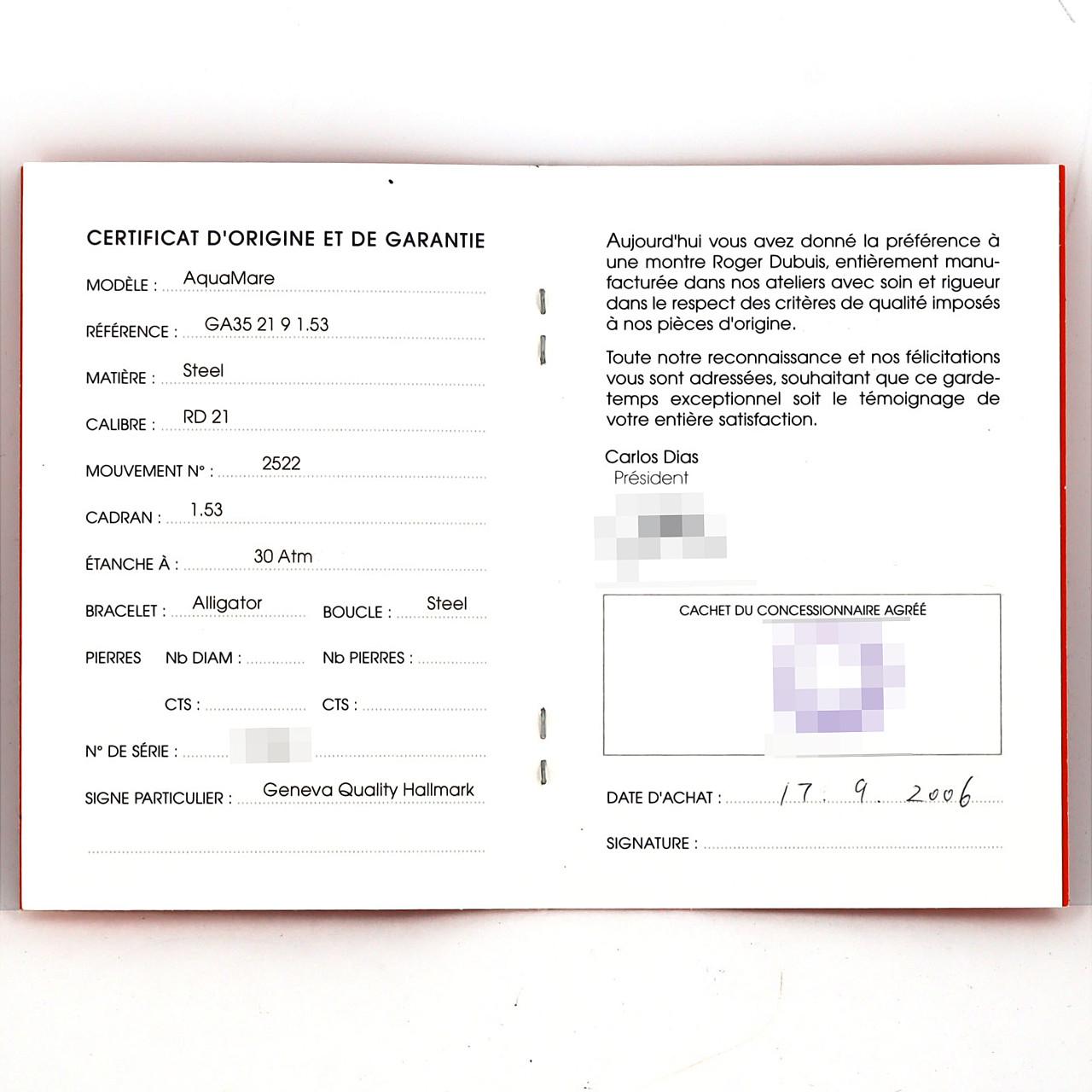 【ノーメンテナンス還元価格】ロジェ･デュブイ アクアマーレ GA35 21 9 1.53 SS 自動巻