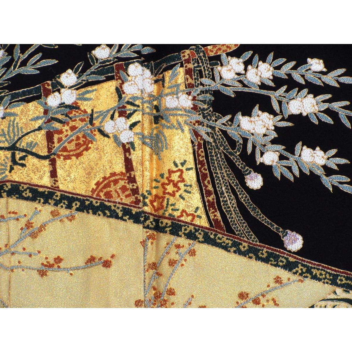 Tomesode (formal kimono) by Matsuo Korin, Sagara embroidery, sword and sword eating