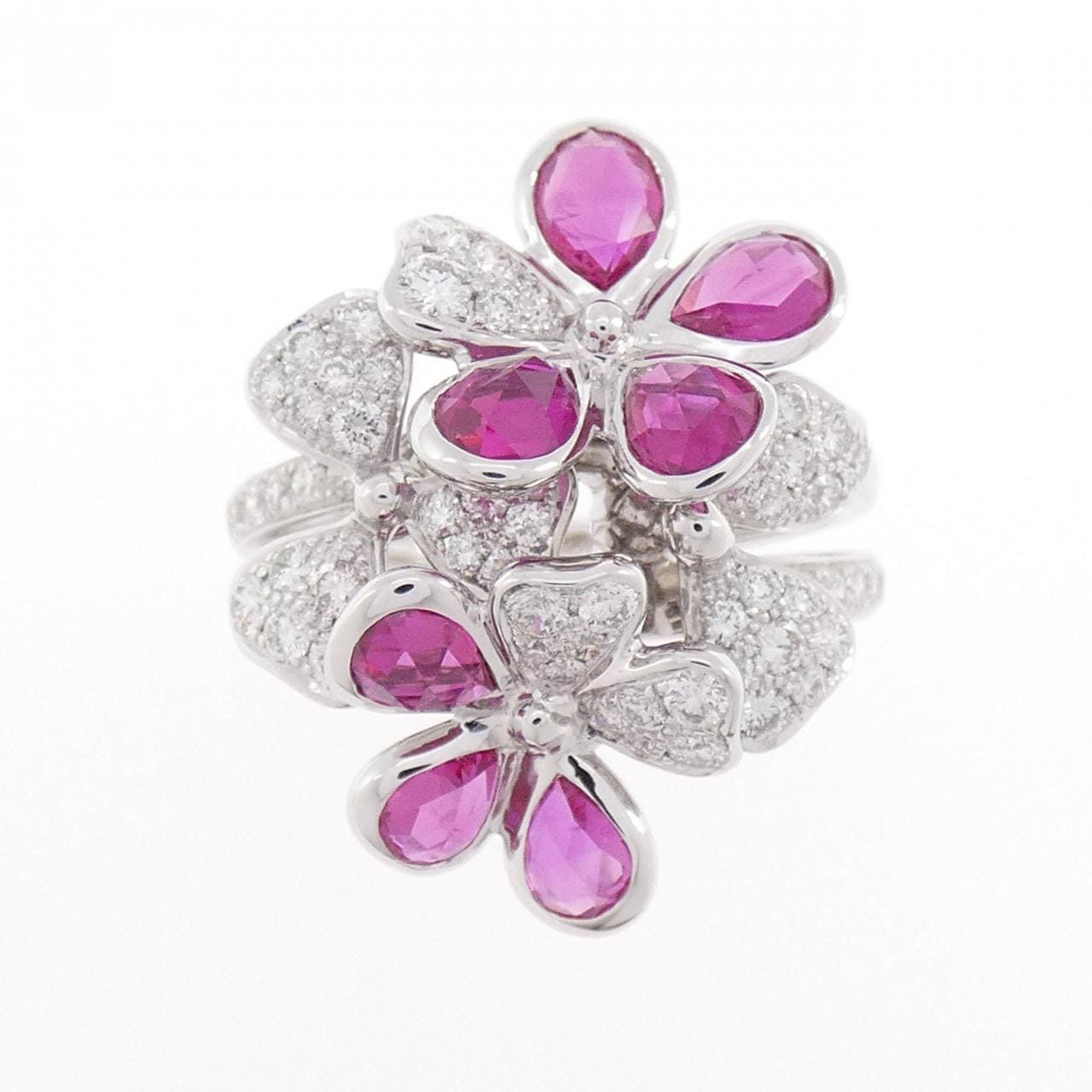 K18WG フラワー ルビー リング 1.97CT
