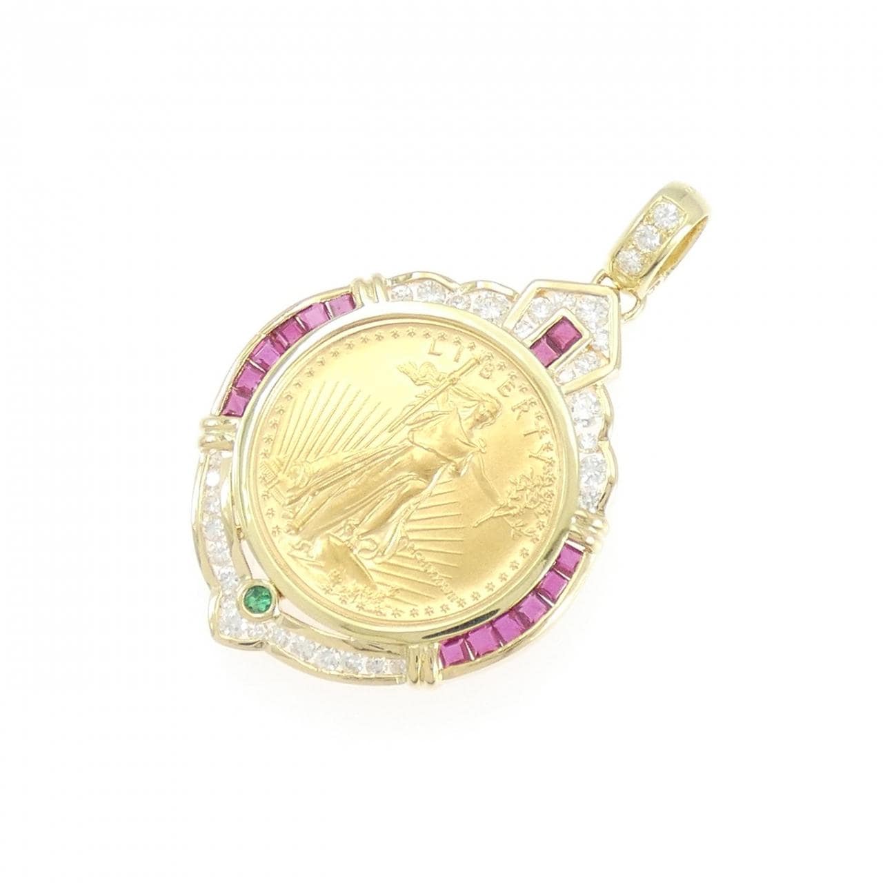 K18YG(枠) カラーストーン コイン ペンダント