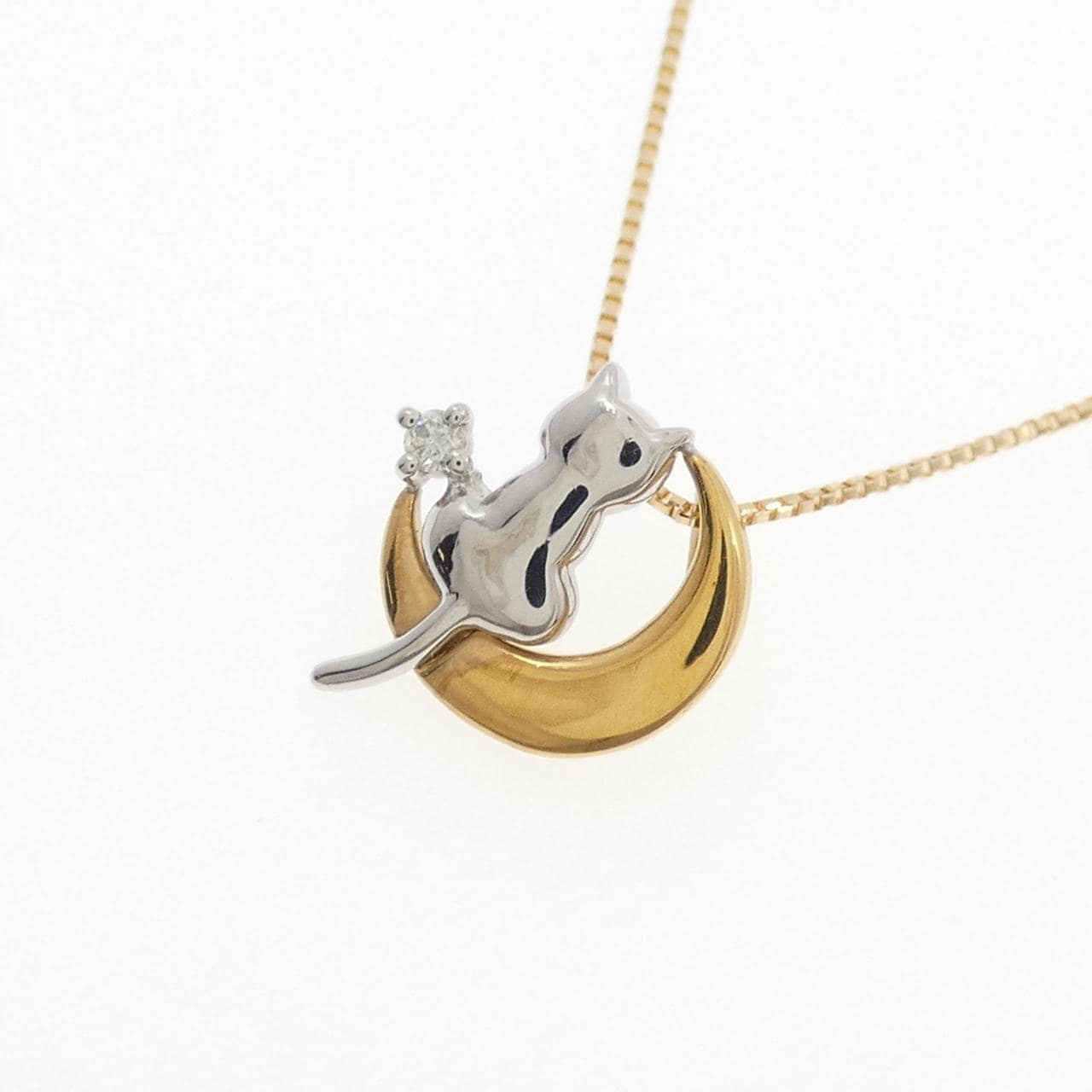 K24YG/PT999/K18YG Cat and Moon Diamond Necklace 0.01CT