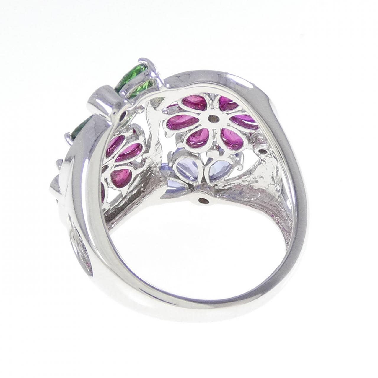 K18WG フラワー カラーストーン リング