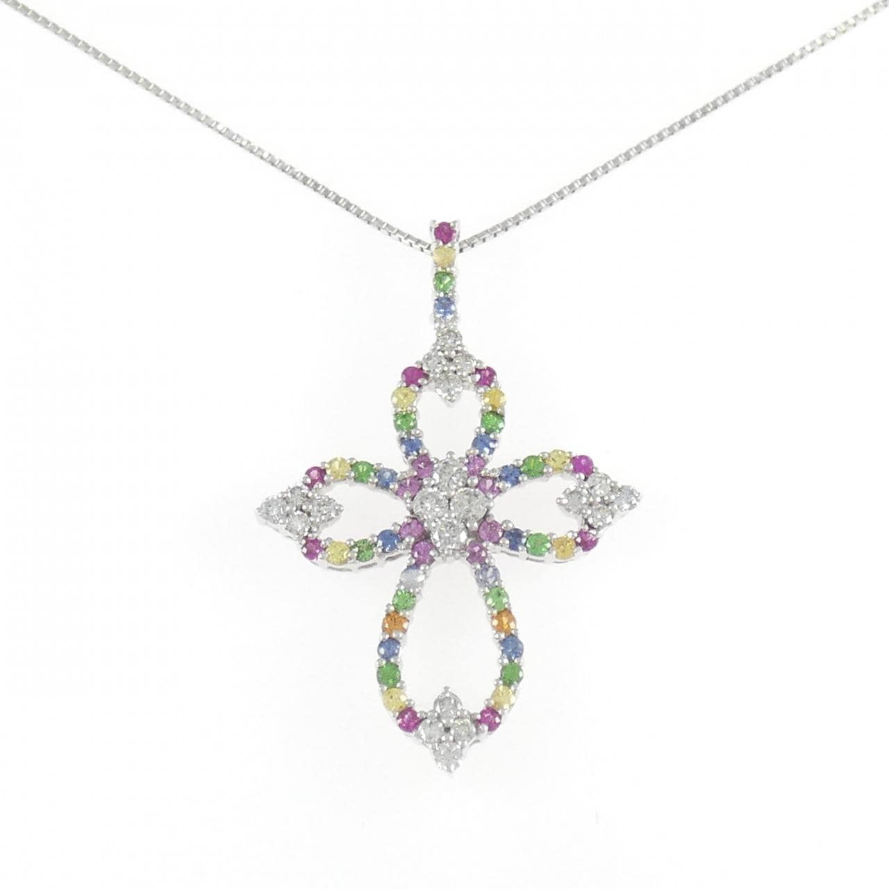 750WG/K18WG クロス カラーストーン ネックレス