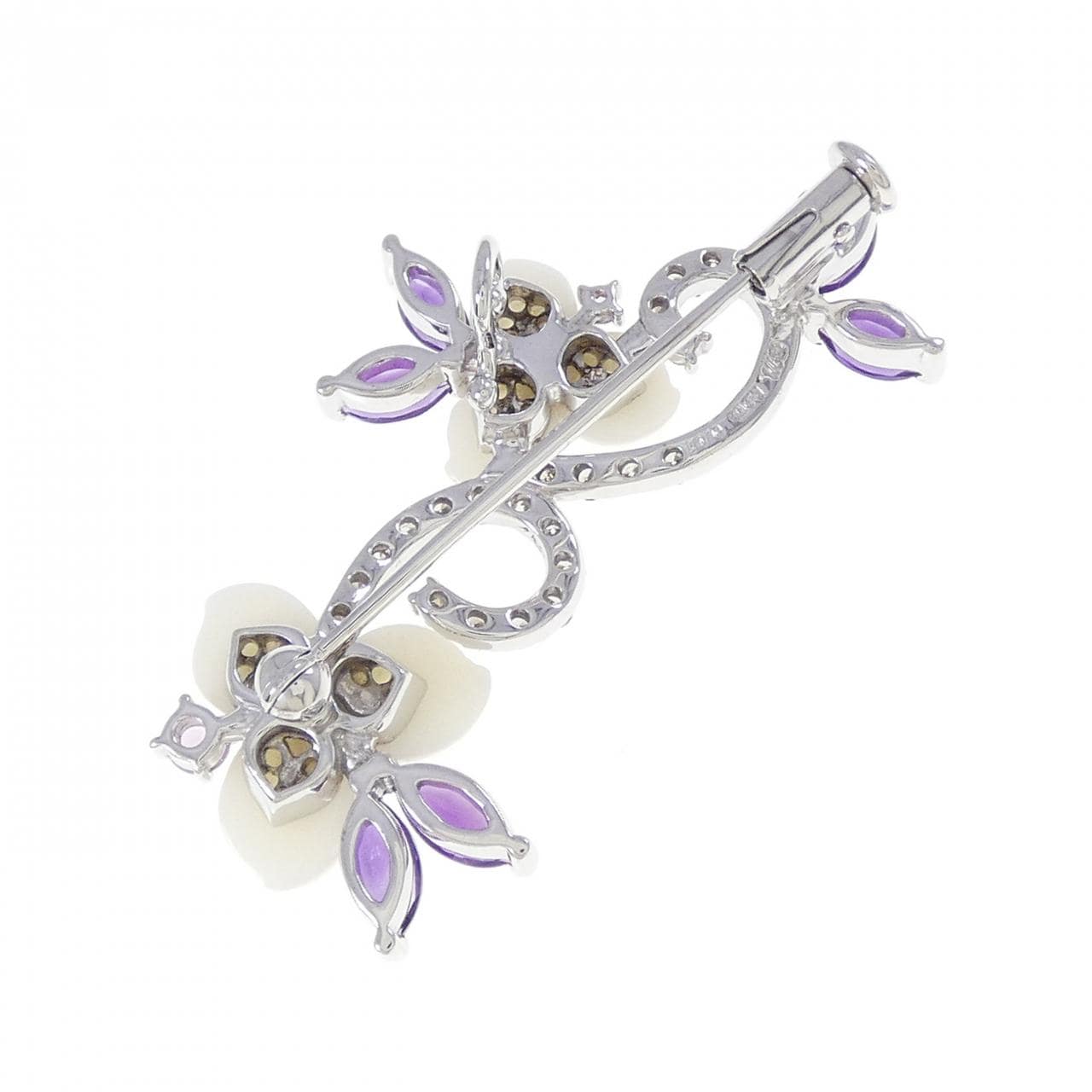 K18WG/K14WG フラワー カラーストーン ブローチ