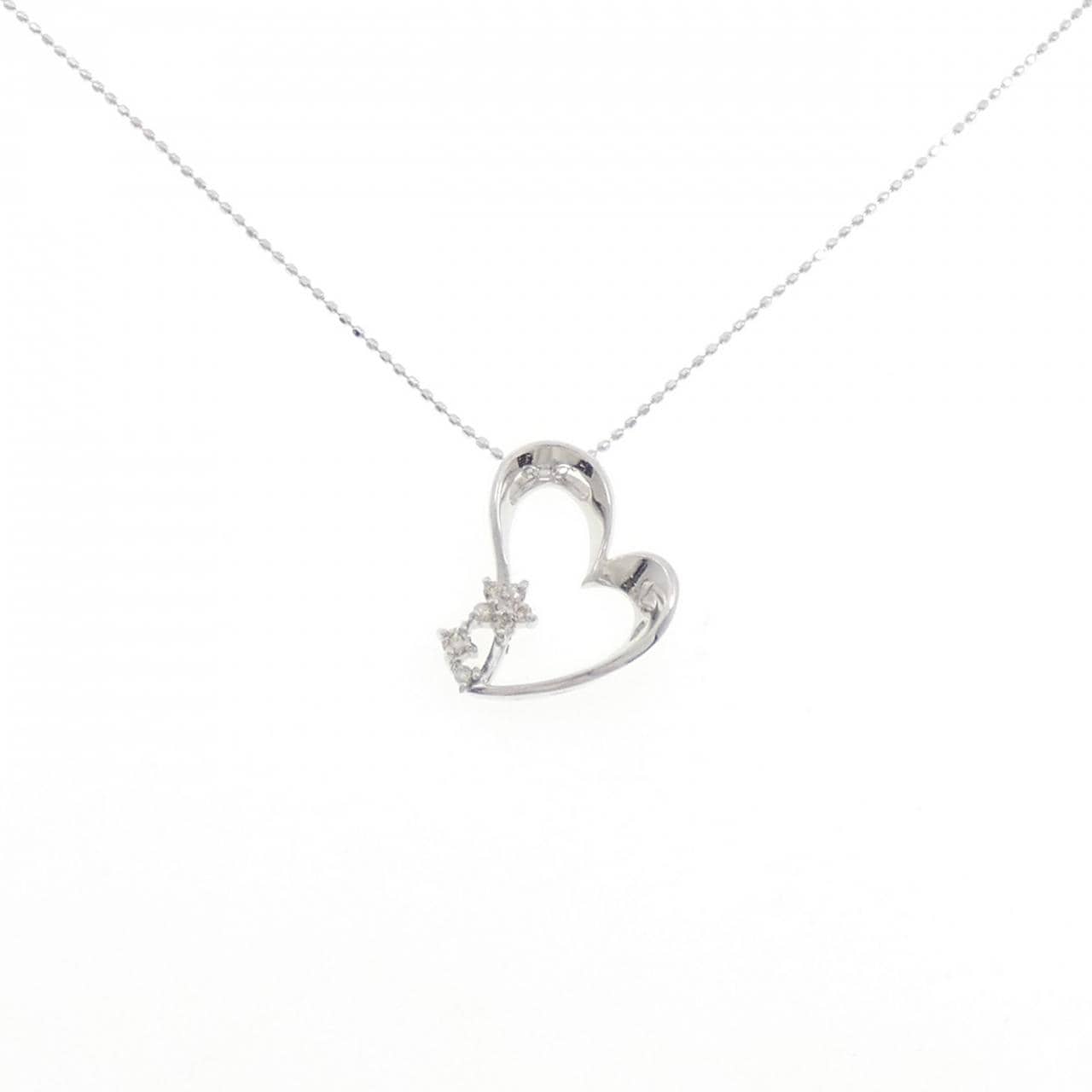 K18WG ハート×フラワー ダイヤモンド ネックレス 0.10CT