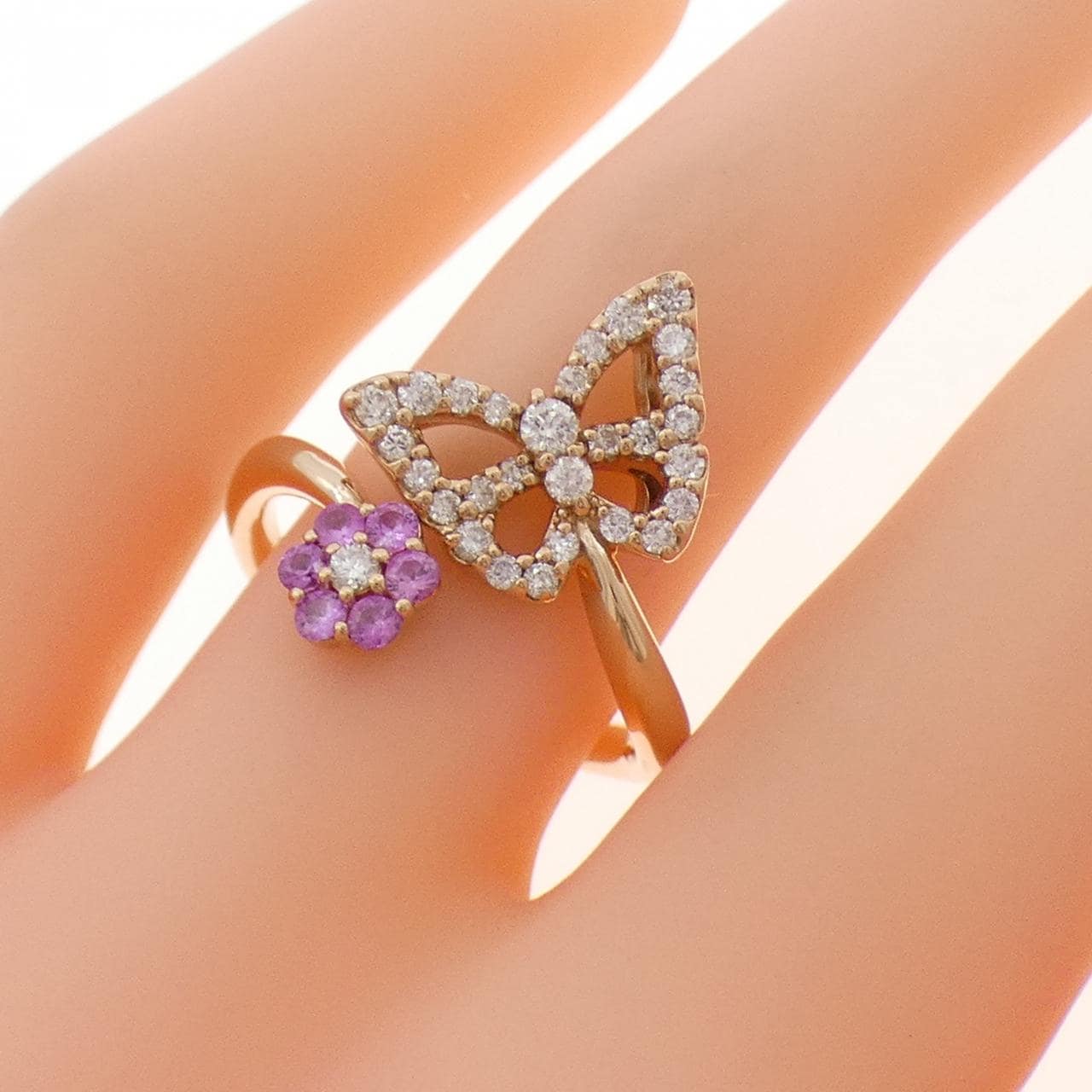 K18PG花朵×蝴蝶藍寶石戒指0.18CT