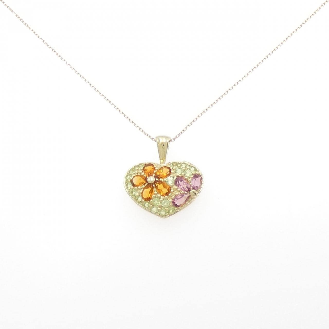 10KYG/K10YG Heart x Flower Color Stone Necklace