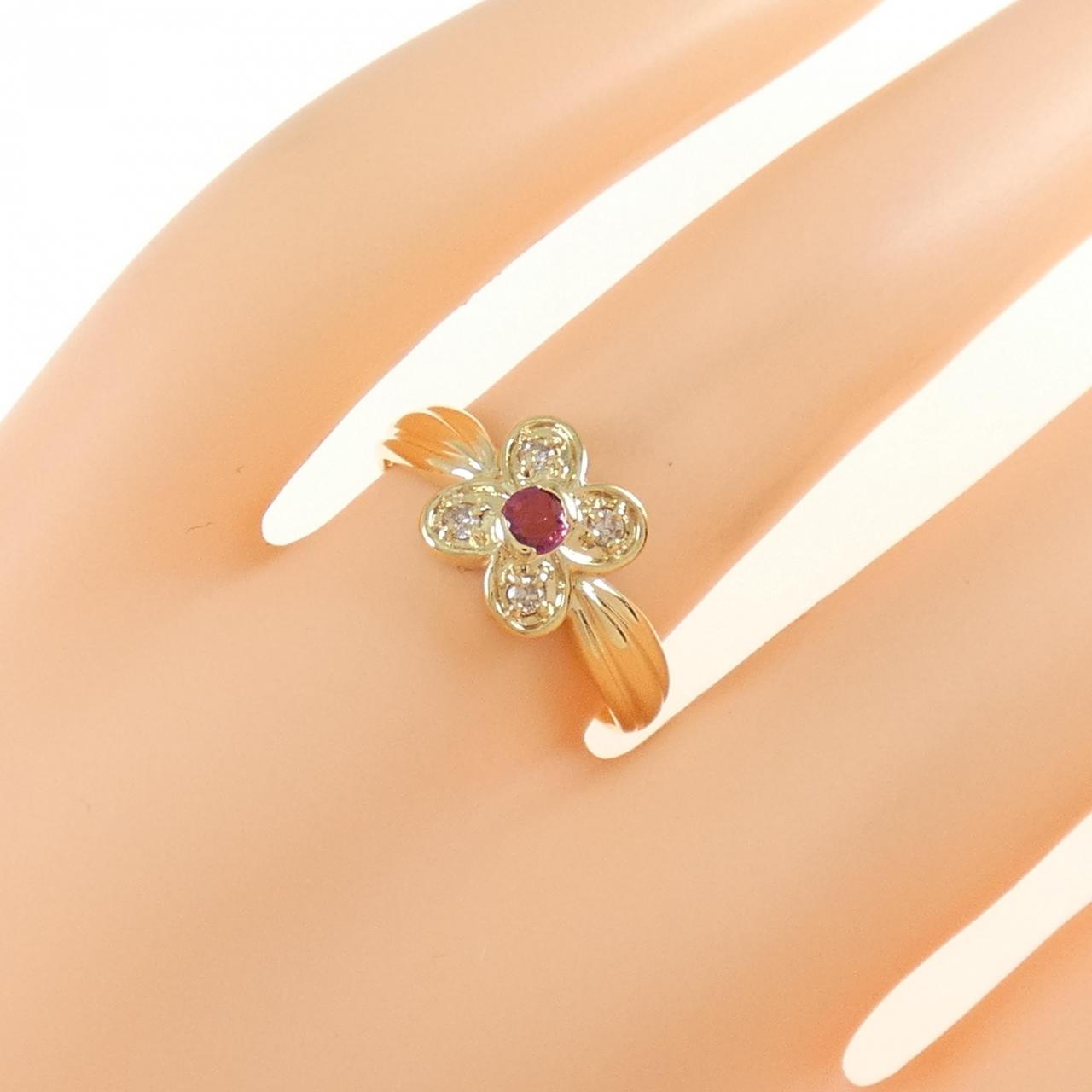 K18YG フラワー ルビー リング 0.08CT