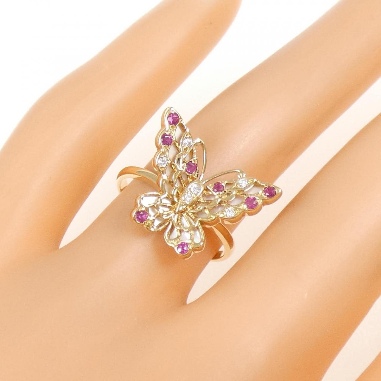 18KYG バタフライ カラーストーン リング