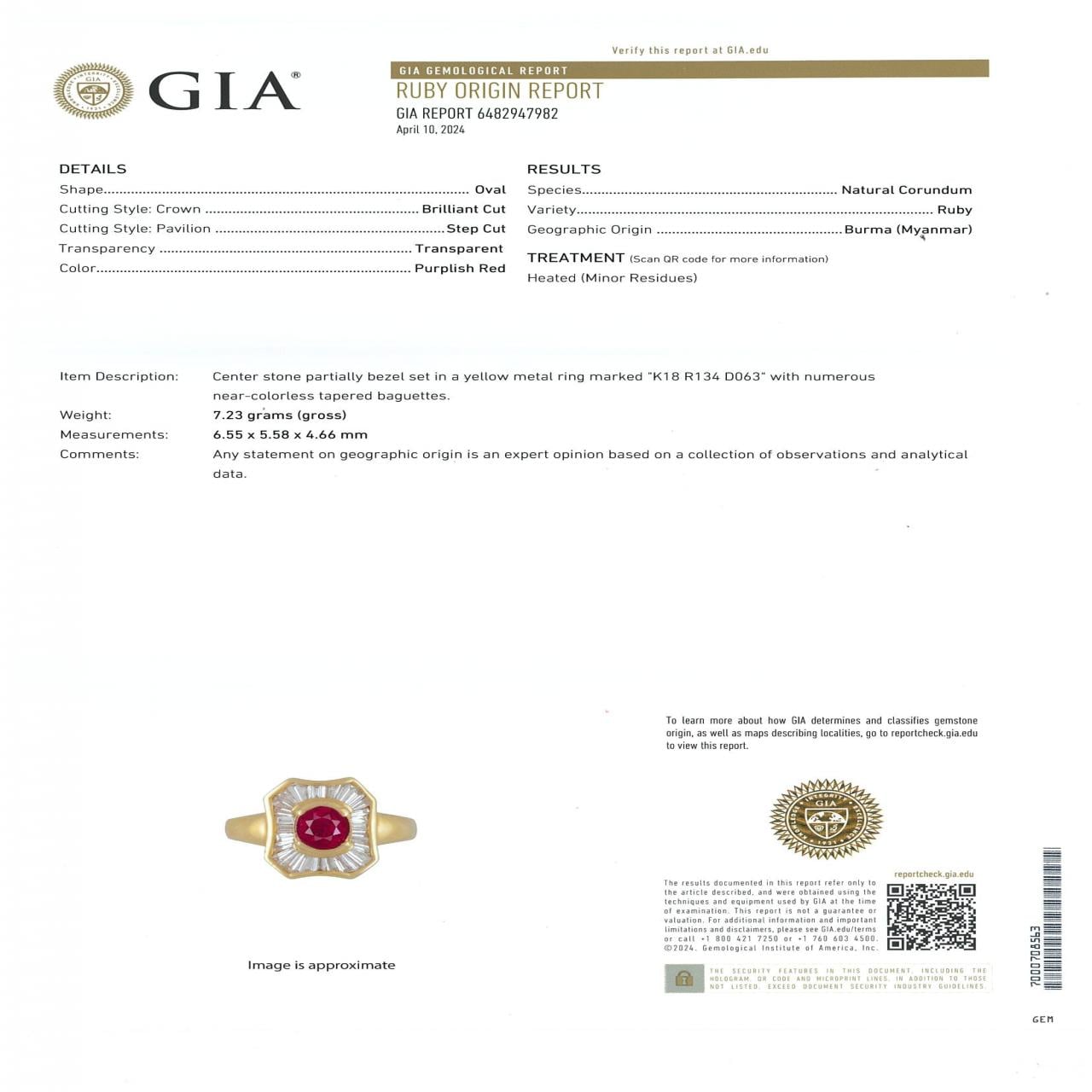 K18YG Ruby Ring 1.34CT Burmese