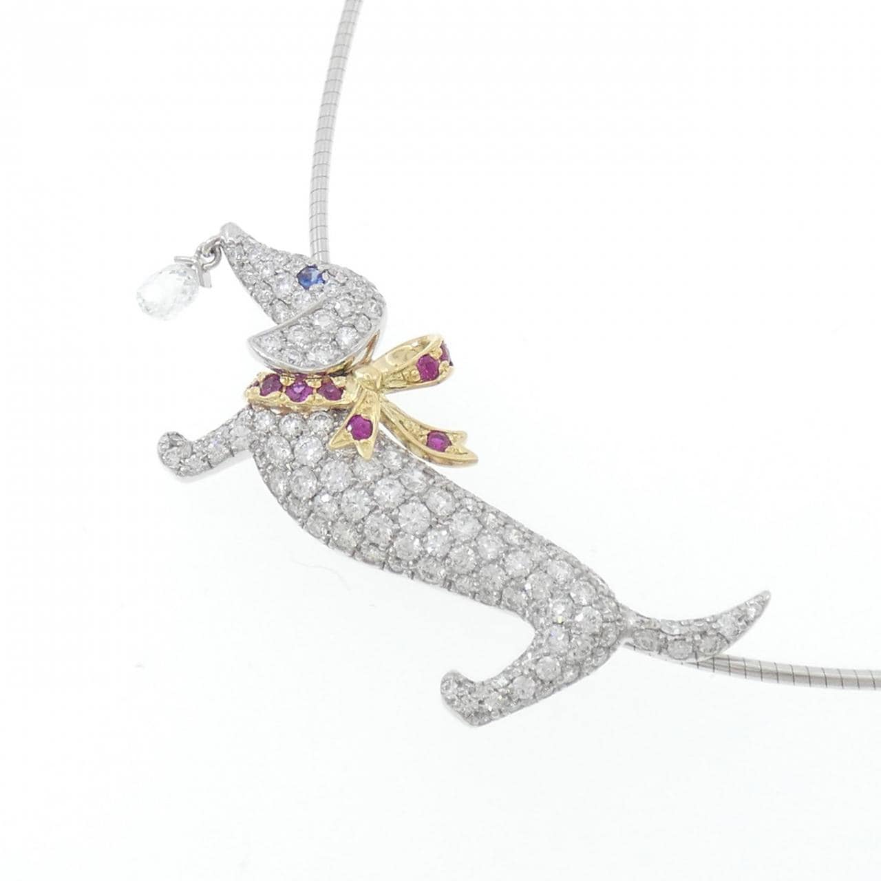 PT900/K18YG/K18WG ドッグ カラーストーン ネックレス