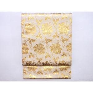 [Unused items] Fukuro Obi by Tatshumura, gold ground double layered vine large peony brocade, genuine bag